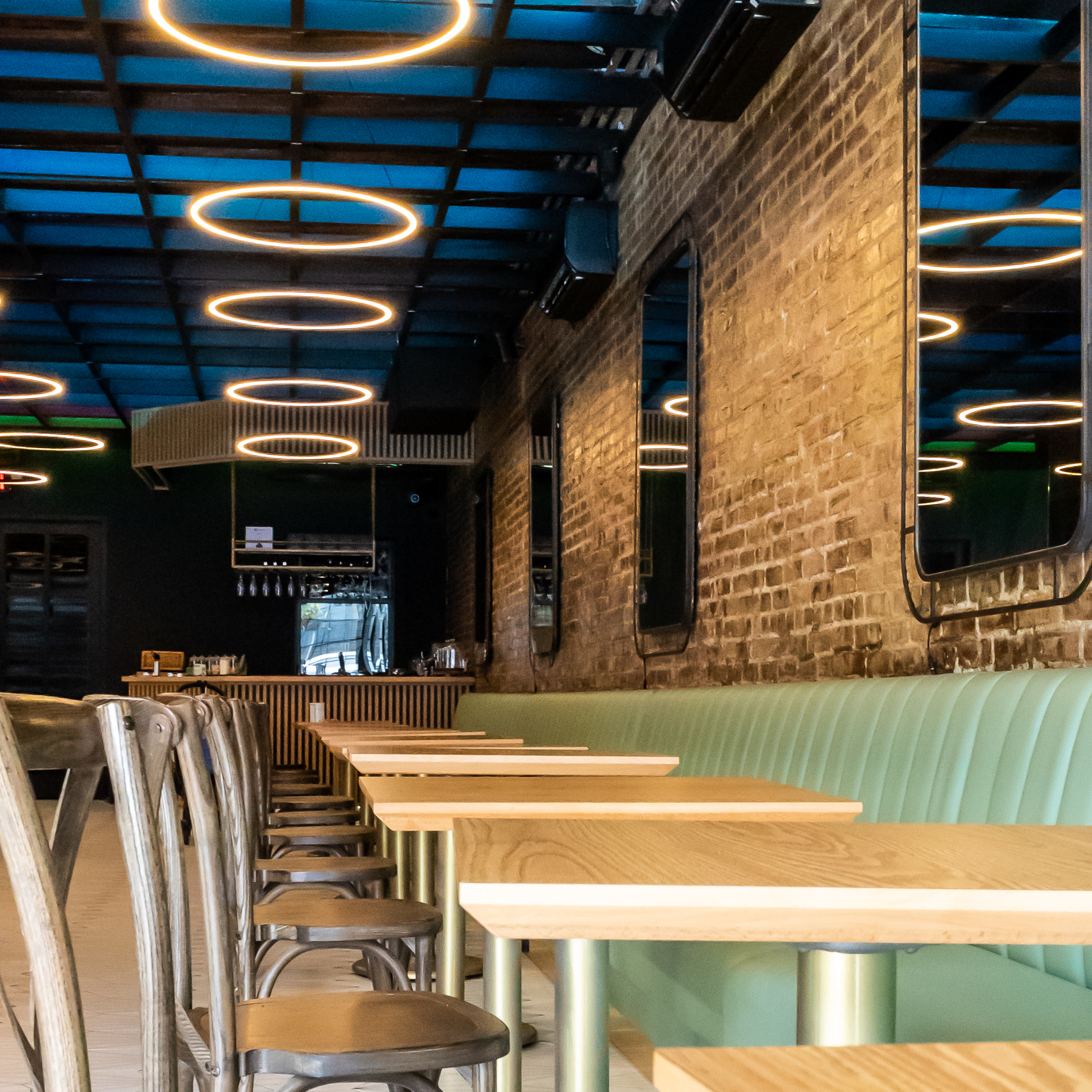 Banquette seating and bar